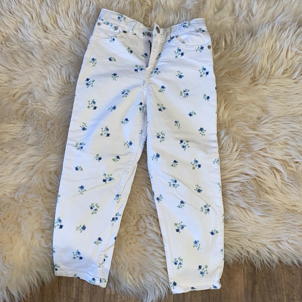 White denim jeans with matching denim jacket blue spring flowers